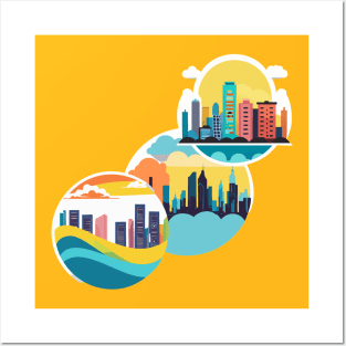 t-shirt design, colorful city skyline with buildings and clouds, vector art Posters and Art